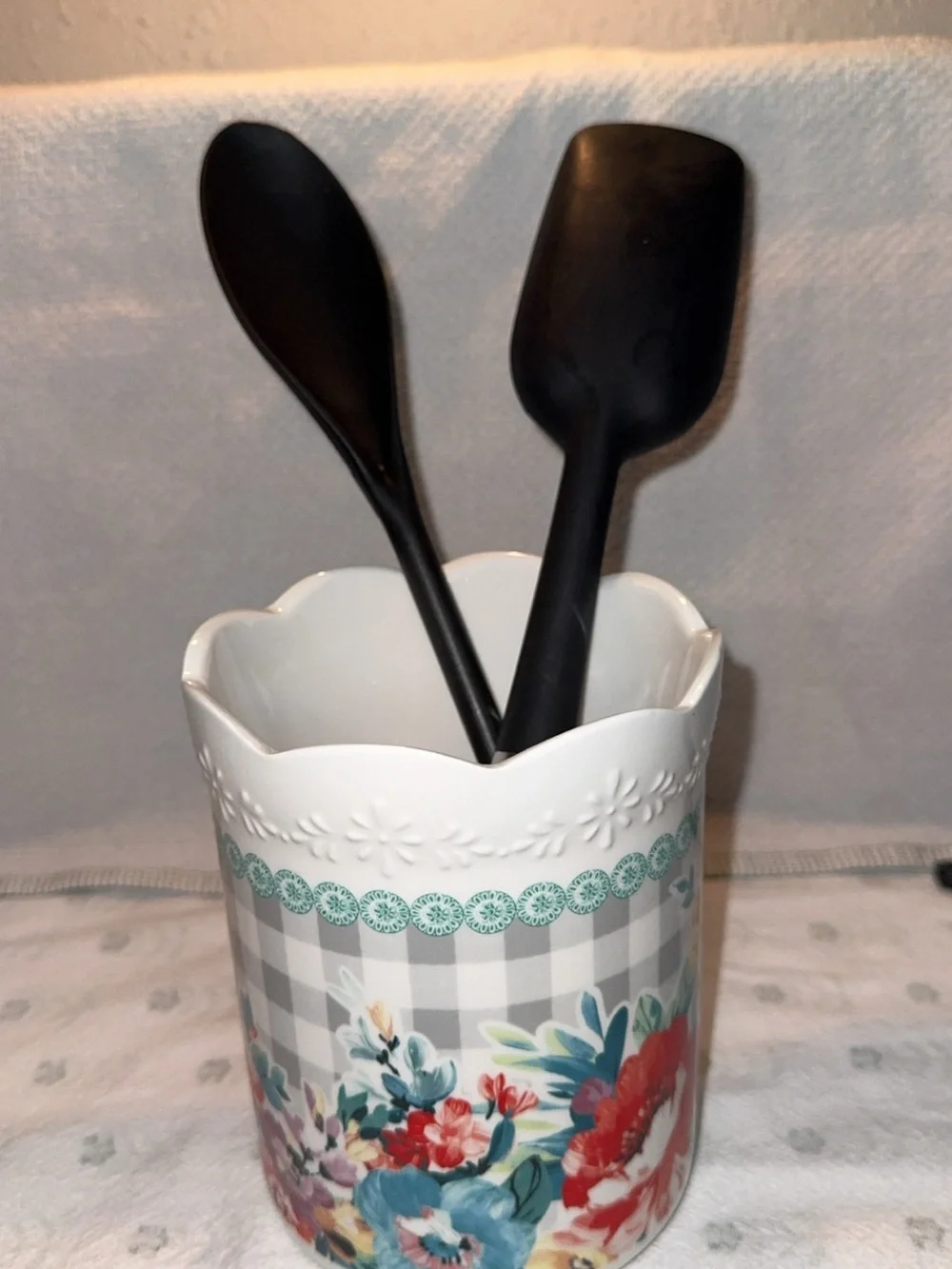 Floral Ceramic Utensil Holder - White with Multicolor Floral Pattern